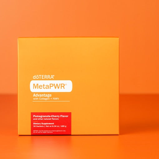 doTERRA MetaPWR Advantage package on an orange background